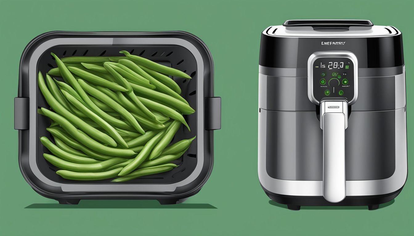 Fresh green beans arranged in a single layer inside the air fryer basket, with the air fryer lid closed and set to the dehydrate function