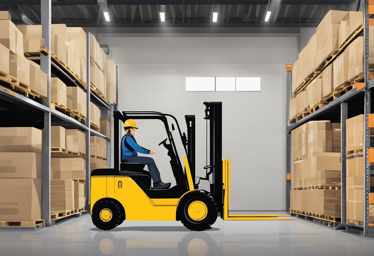 A person standing in front of a forklift, with a sign displaying the minimum age requirement for operating the vehicle