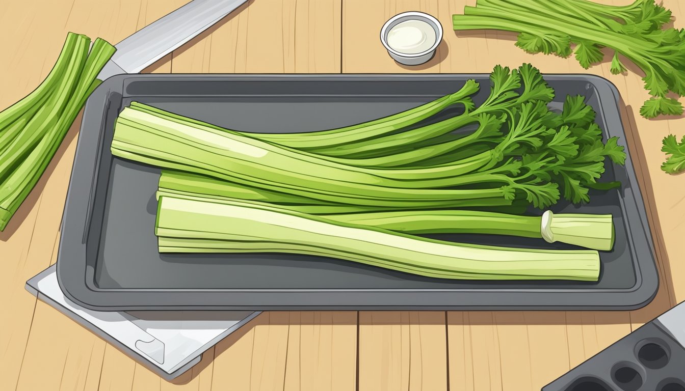 A hand holding a bunch of fresh celery, a cutting board, a knife, and a baking sheet with sliced celery ready for dehydration in an oven