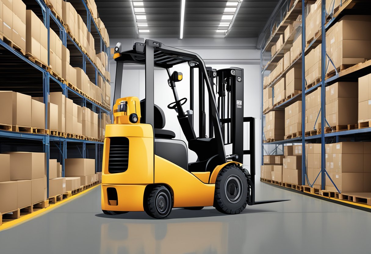 A forklift parked in a warehouse, with a safety certification poster displayed nearby