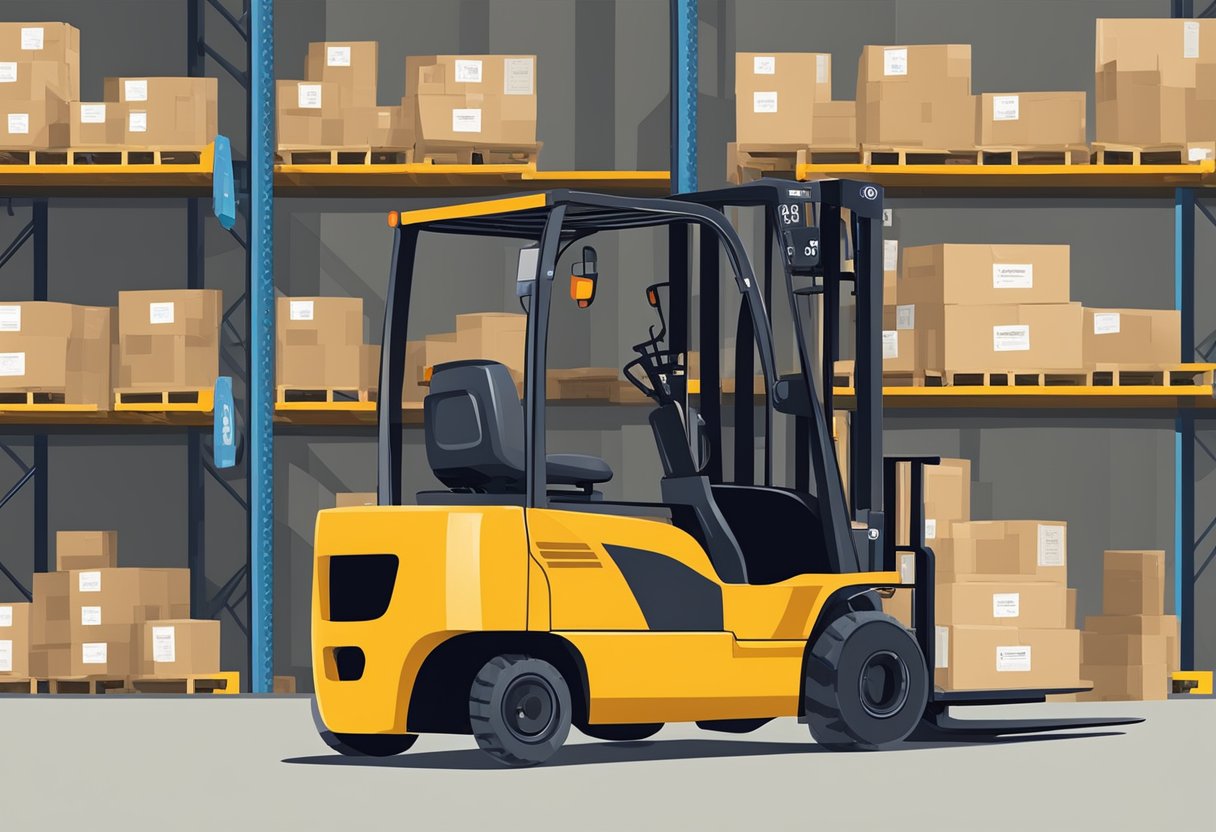 A forklift parked in a warehouse with a sign displaying age requirement