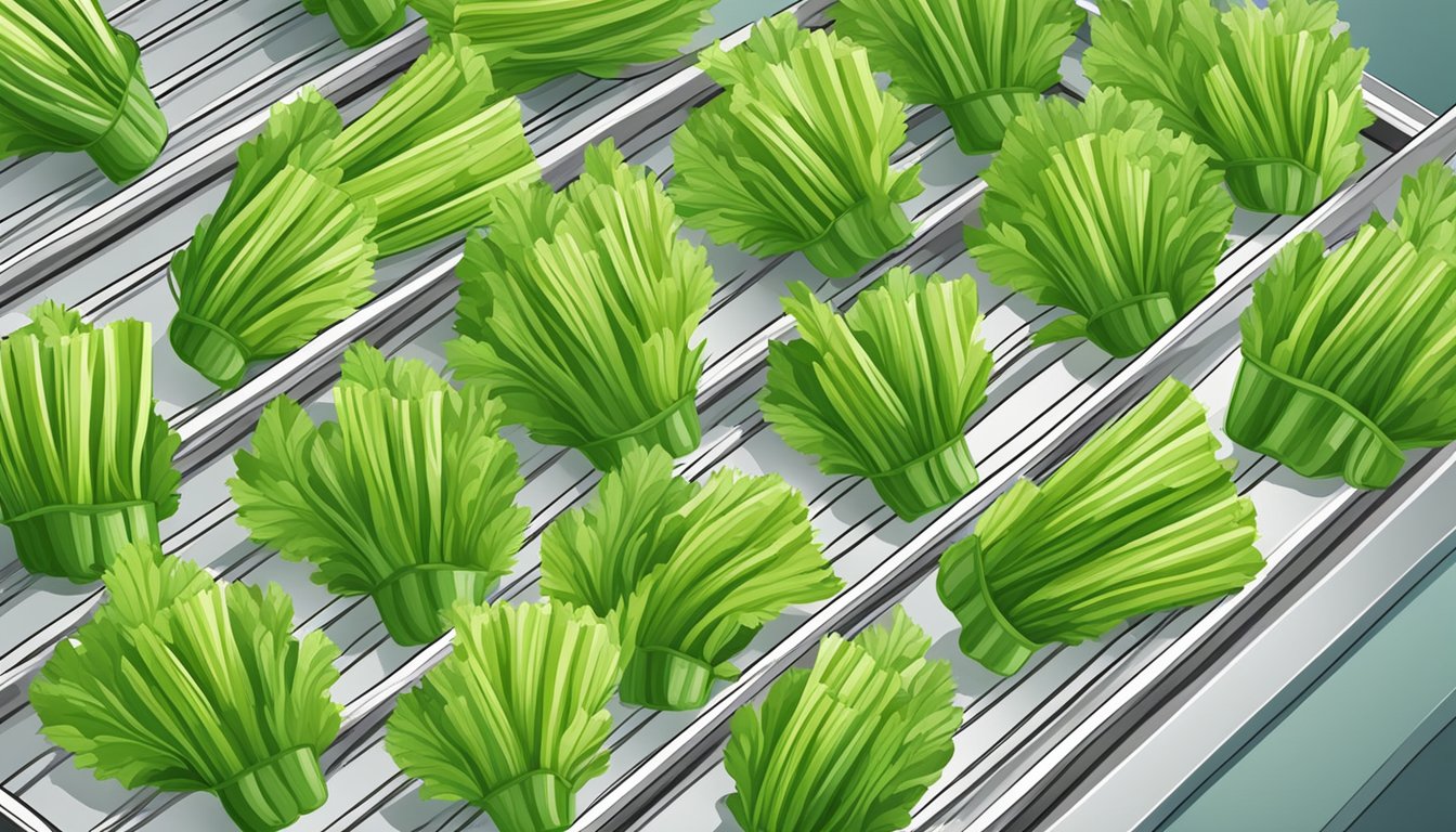 Fresh celery stalks arranged on a wire rack inside a hot oven, with the door slightly ajar to allow moisture to escape