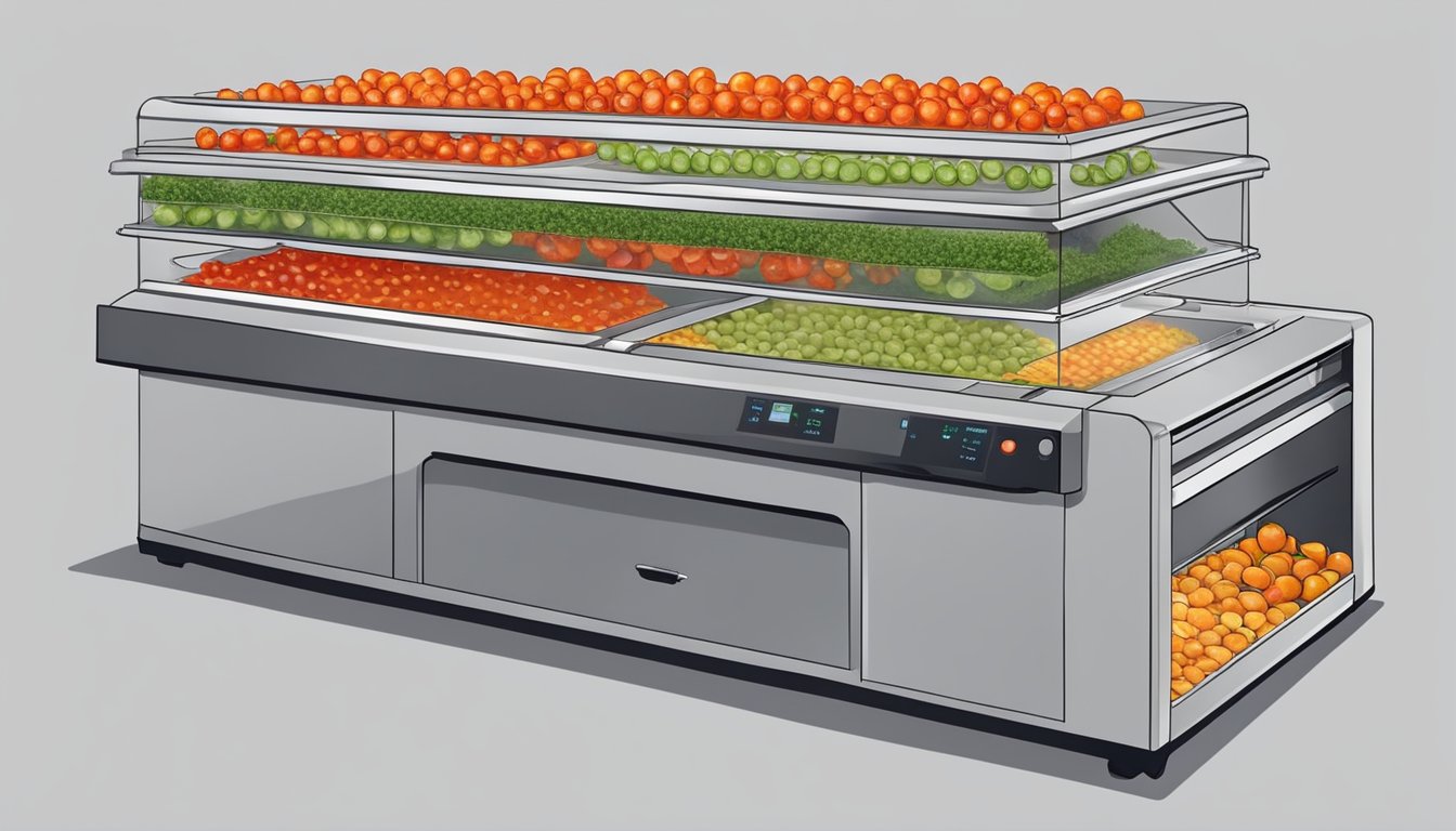 Fresh cherry tomatoes being sliced and arranged on dehydrator trays, with the machine set to the appropriate temperature and time