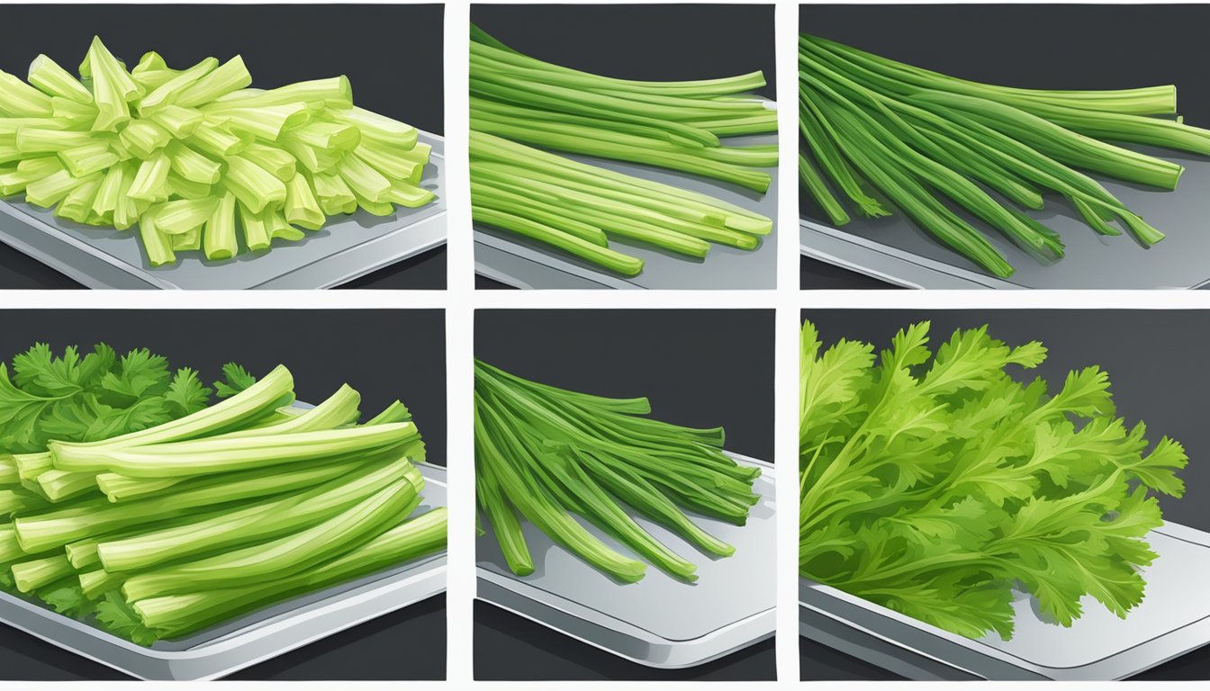 Fresh celery stalks laid out on a baking sheet, placed in a preheated oven, and then removed when fully dehydrated