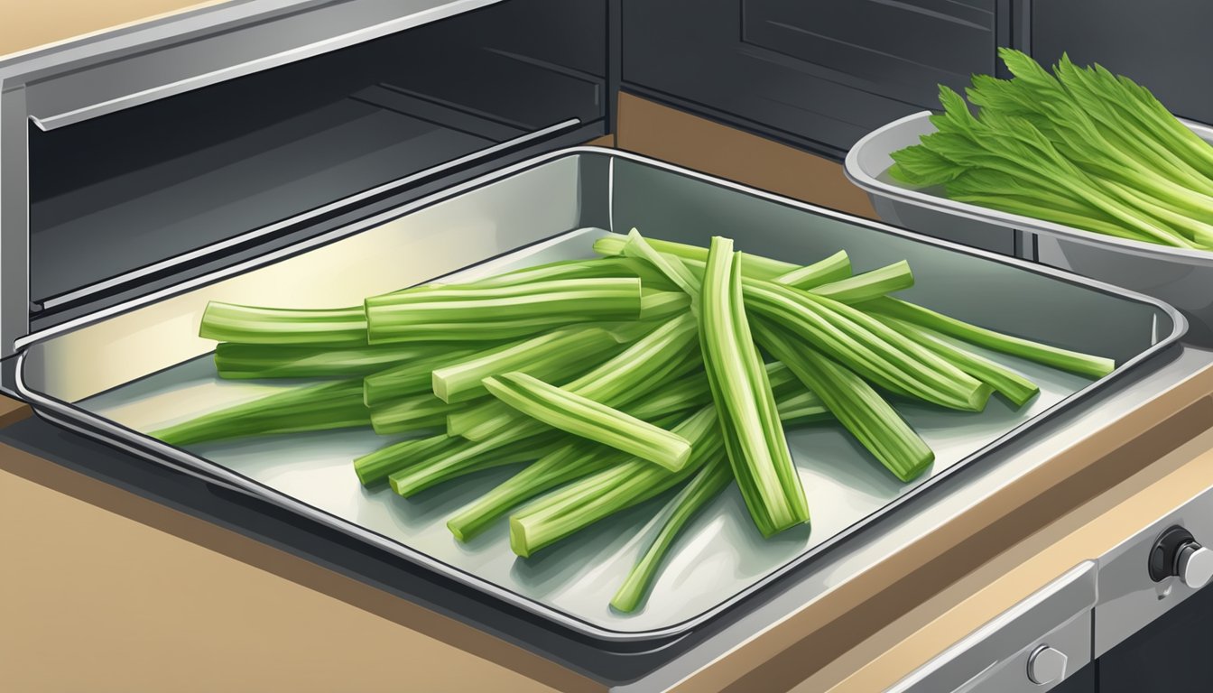 Fresh celery stalks spread out on a baking sheet, placed in a preheated oven, and then the oven door closed