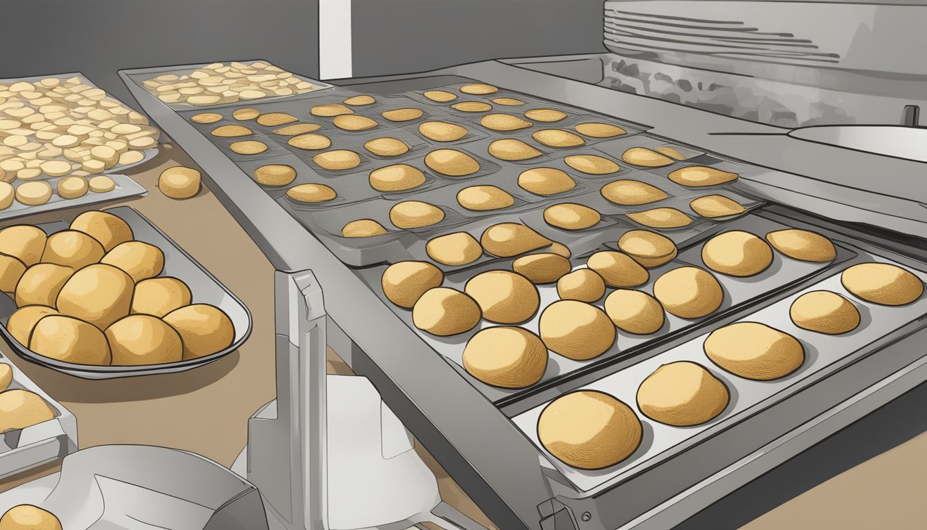 Potatoes being sliced into thin rounds, arranged on dehydrator trays, and set to dry