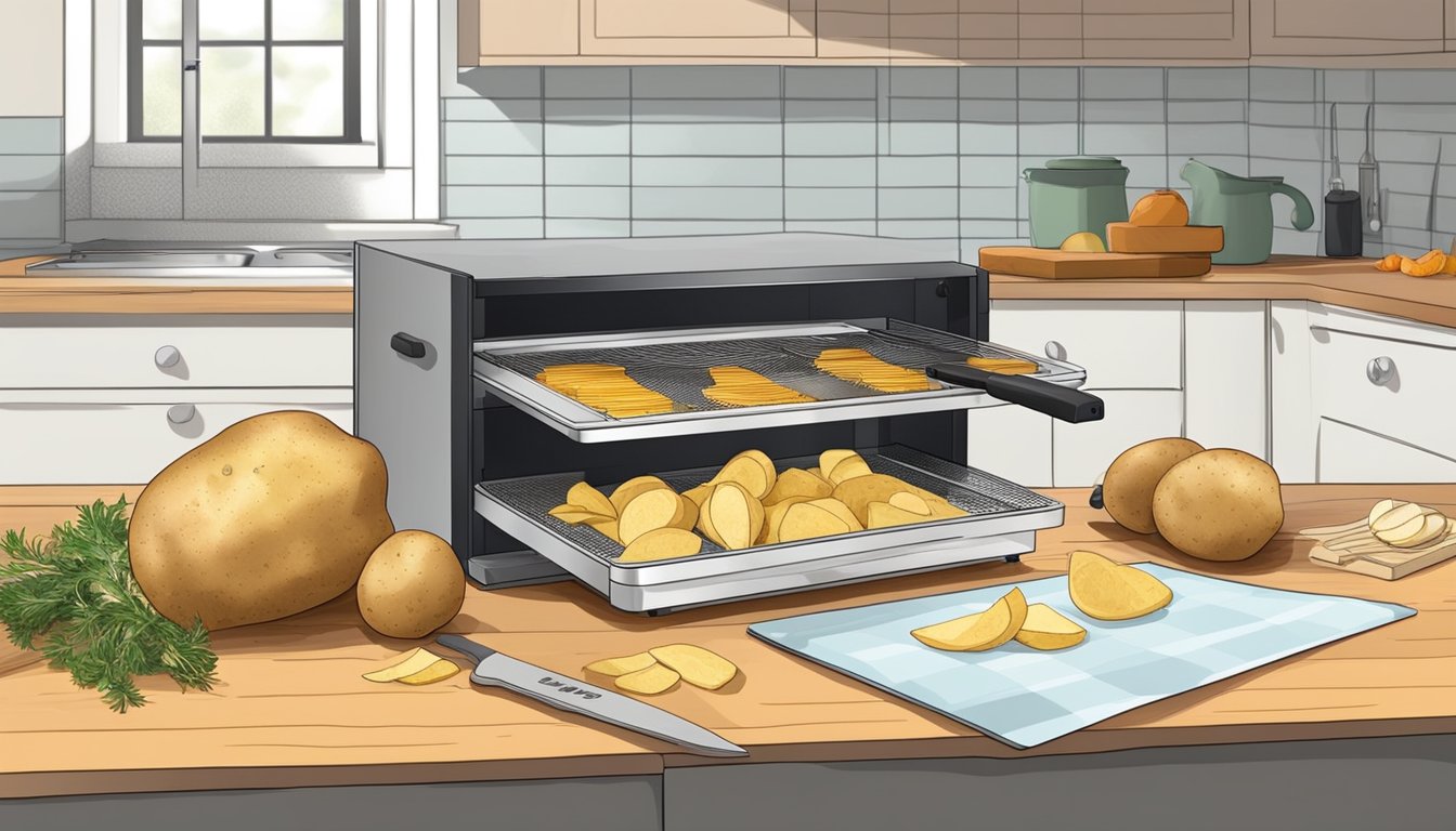 A kitchen counter with a dehydrator, cutting board, knife, and fresh potatoes ready to be sliced into thin chips