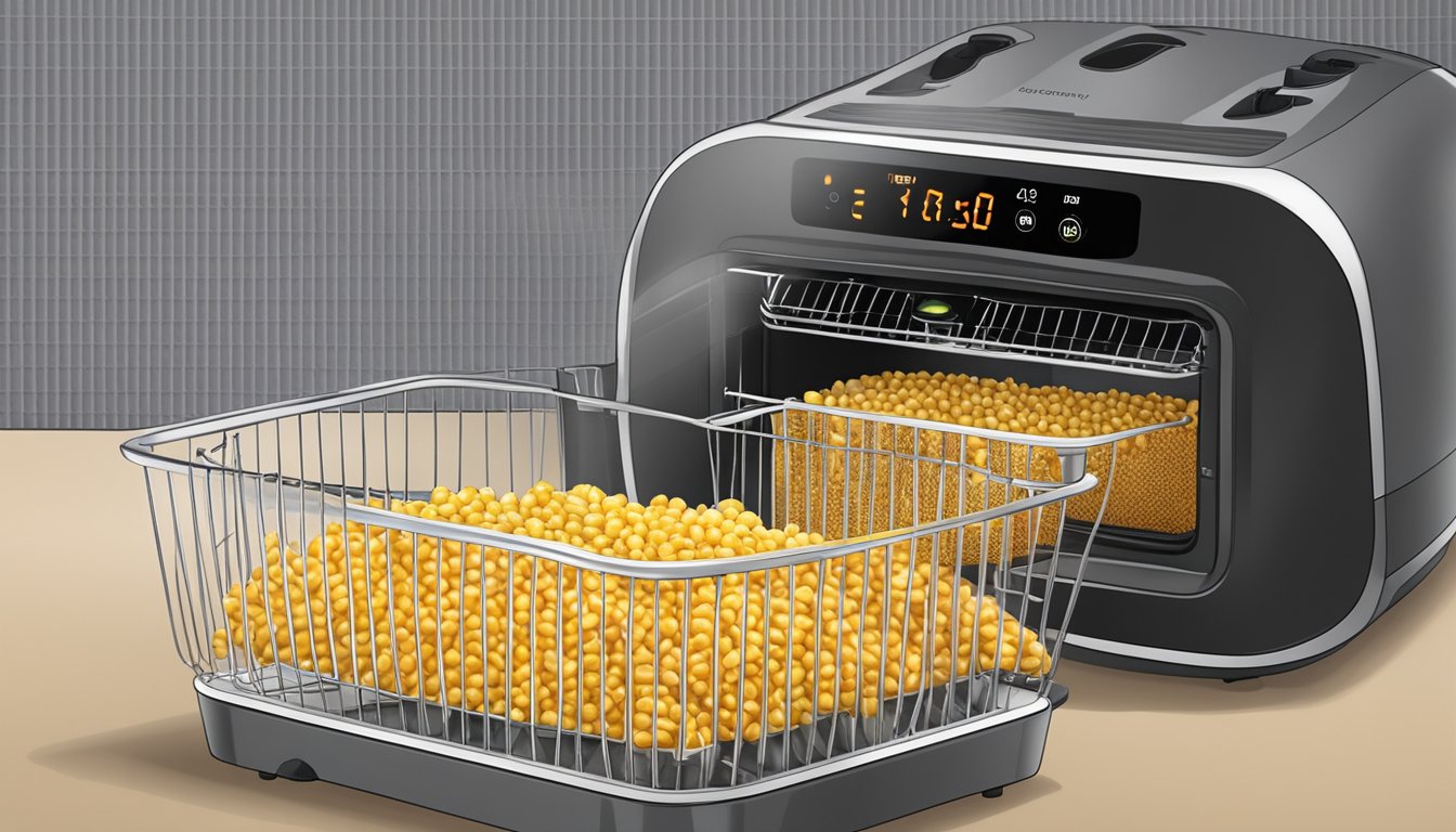 Dehydrated corn kernels spread out on a wire rack inside an air fryer, with the appliance's digital display showing the timer counting down