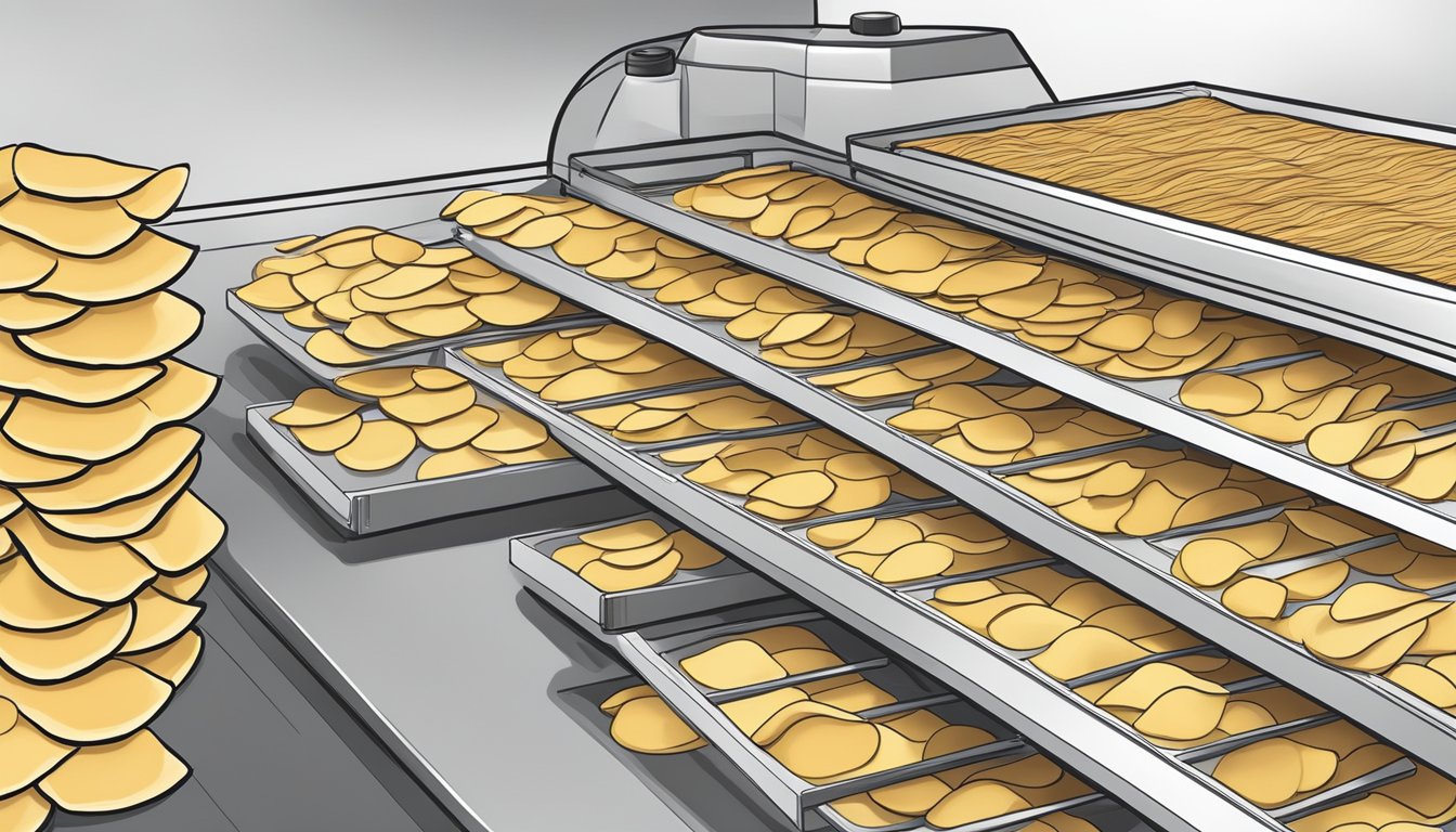 A dehydrator filled with thinly sliced potato chips, arranged in a single layer on the trays, ready to be dried