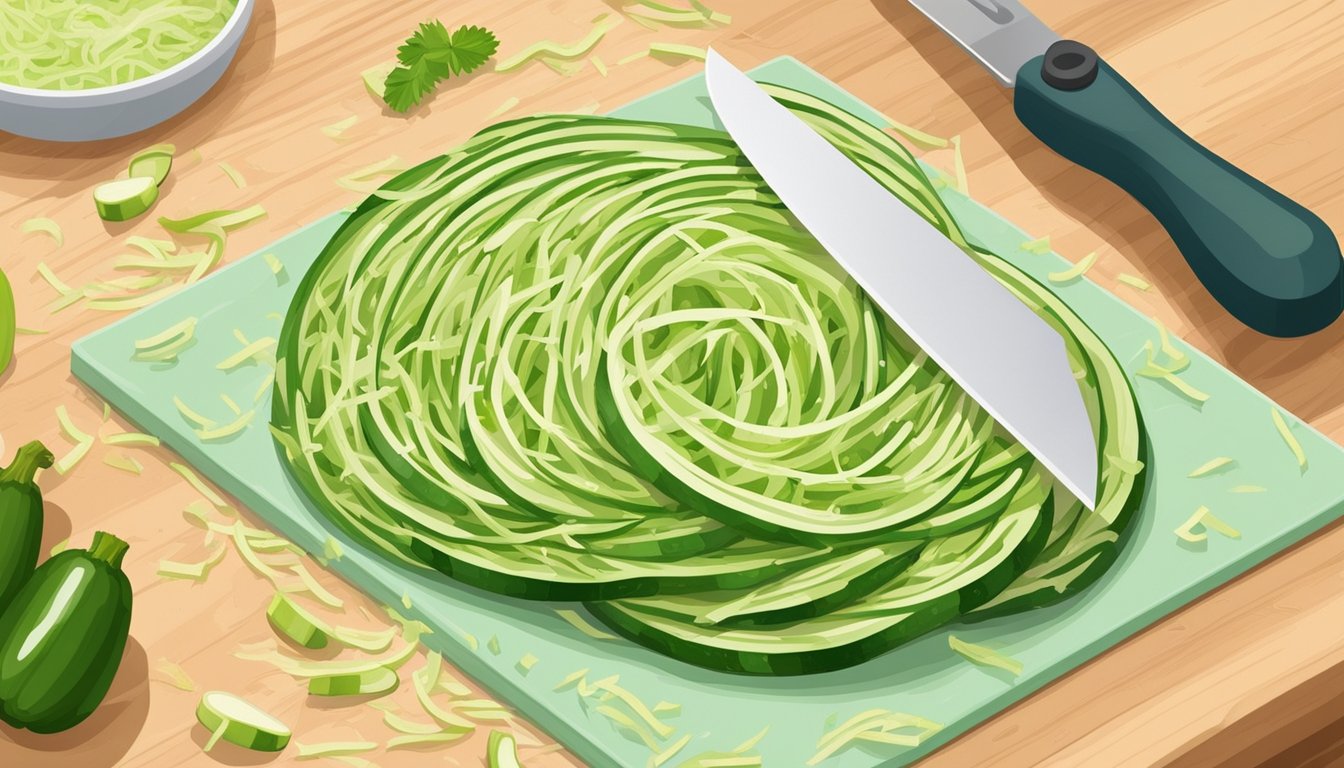 A cutting board with shredded zucchini spread out in a thin layer, a sharp knife, and a dehydrator in the background