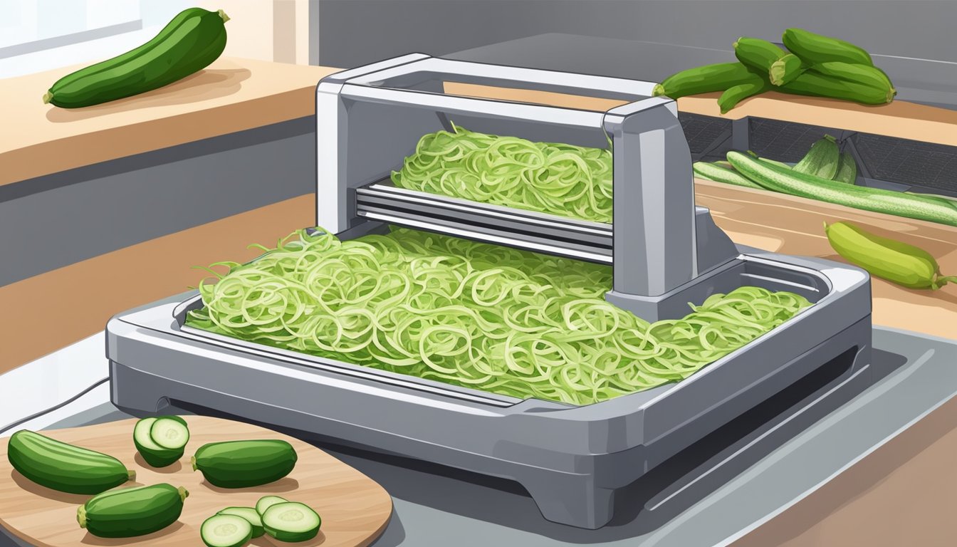 Fresh zucchini shreds laid out on dehydrator trays, with the machine set to low heat for several hours