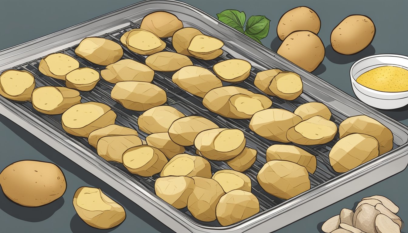 Slices of potatoes laid out on dehydrator trays, with a bowl of seasoning nearby