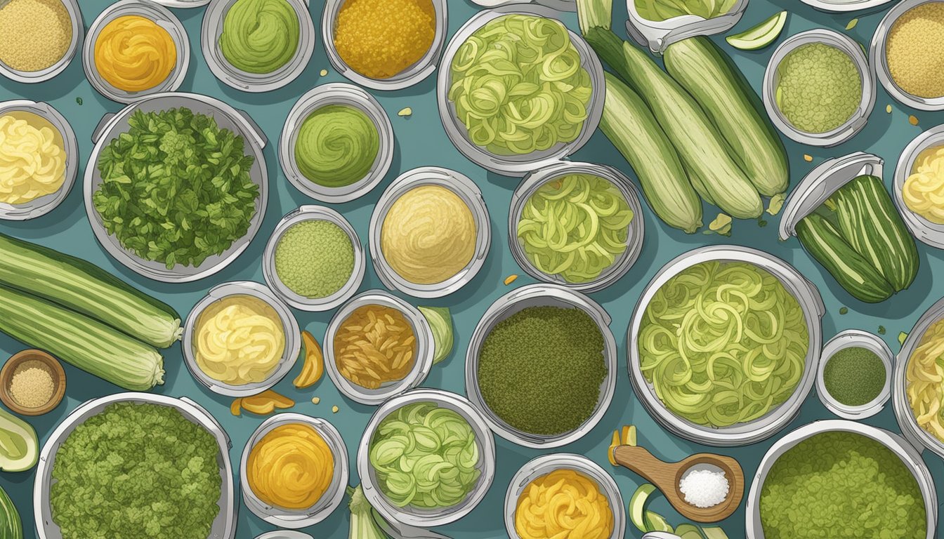 Shredded zucchini spread out on dehydrator trays, surrounded by various flavoring and seasoning options