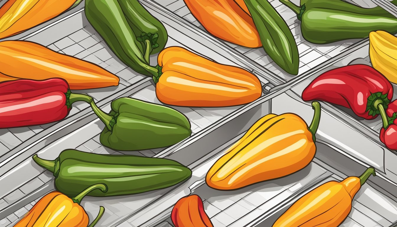 Fresh peppers laid out on a dehydrator tray, with slices evenly spaced and ready for drying