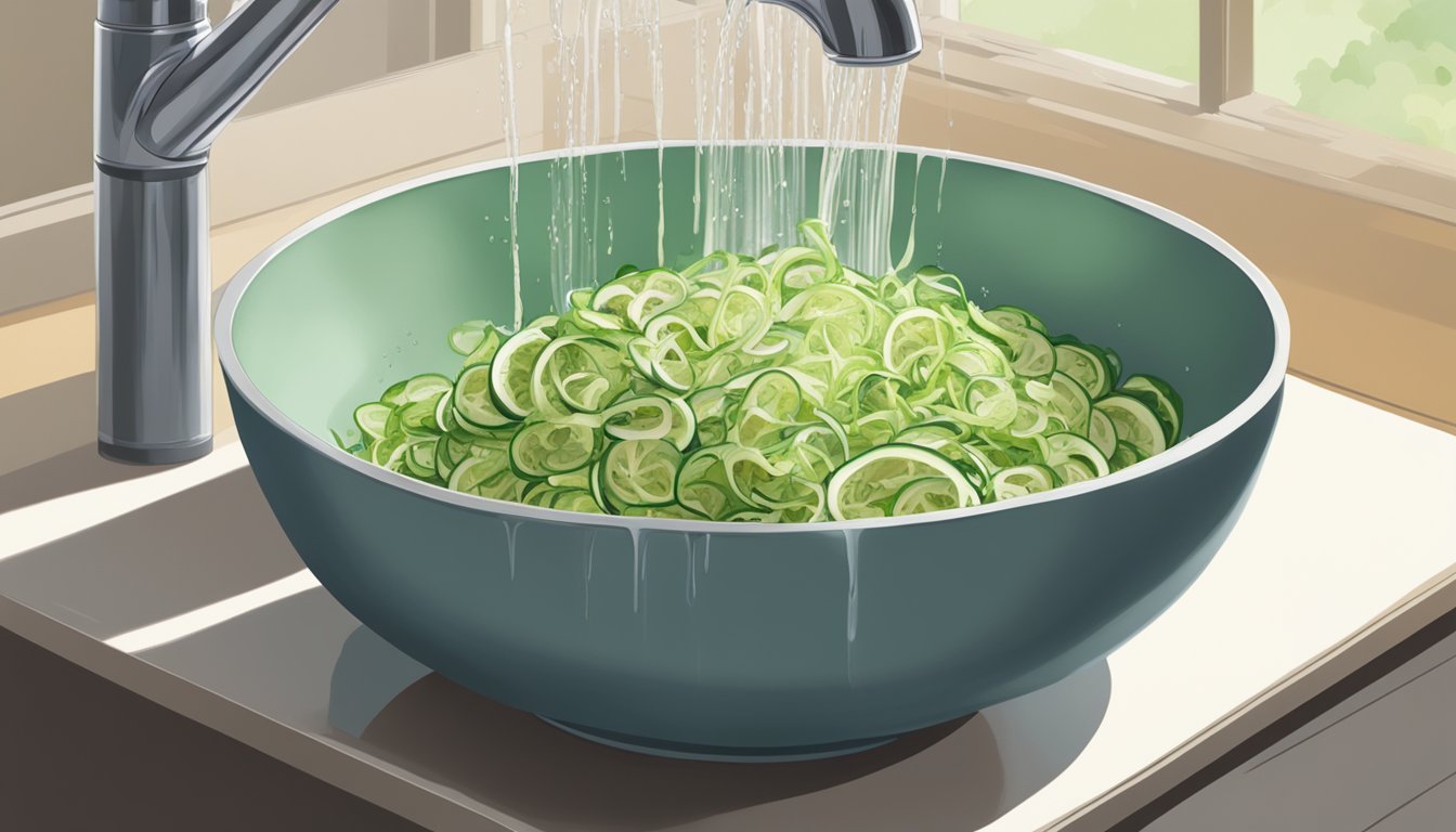 A bowl of shredded zucchini sitting in a colander, with water running over it from a faucet