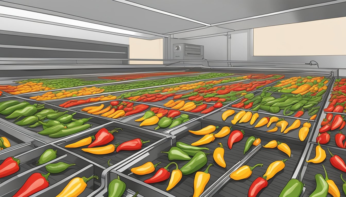 Fresh peppers laid out on dehydrator trays, evenly spaced. Machine set to low heat, with warm air circulating around the peppers