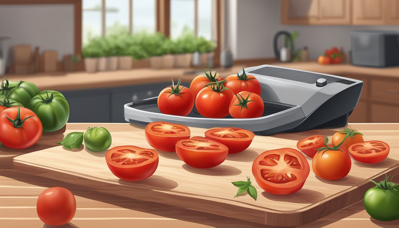 Fresh tomatoes arranged on a cutting board, a sharp knife nearby, and a dehydrator in the background