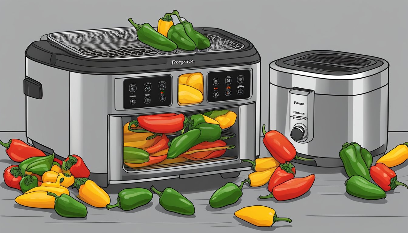 Fresh peppers arranged in an air fryer, with the appliance set to the dehydrate function. The peppers are evenly spaced and ready to be dried