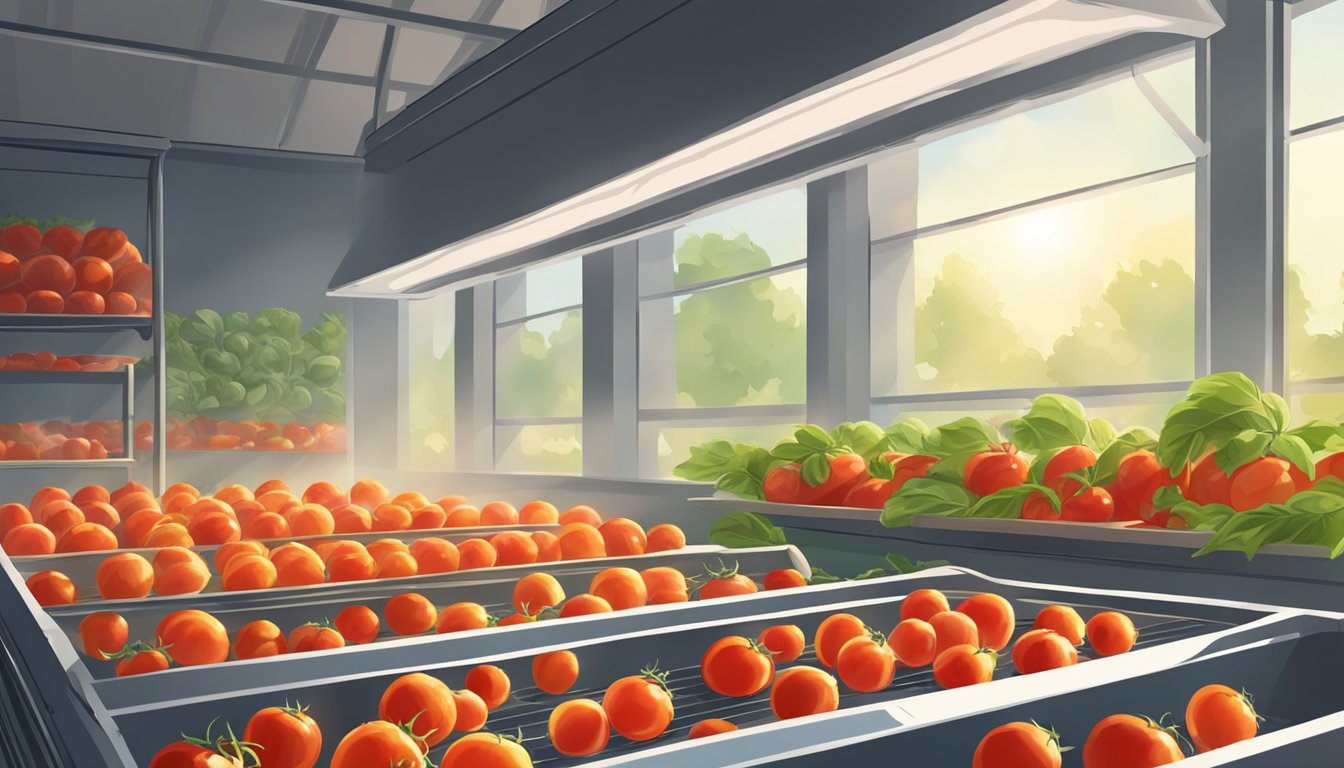 Fresh tomatoes spread on dehydrator trays, with slices arranged in a single layer. Sunlight streaming through a nearby window