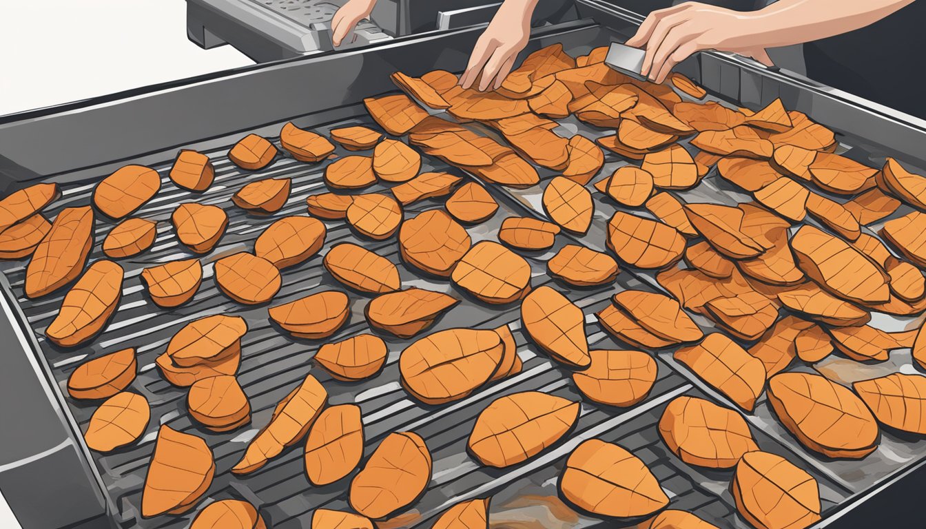 Sweet potatoes being sliced into thin chips and laid out on dehydrator trays