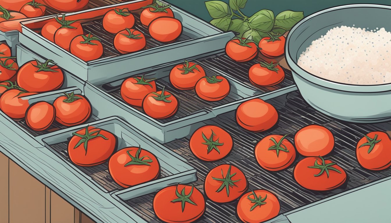 Fresh tomatoes being sliced and arranged on dehydrator trays, with a bowl of salt nearby