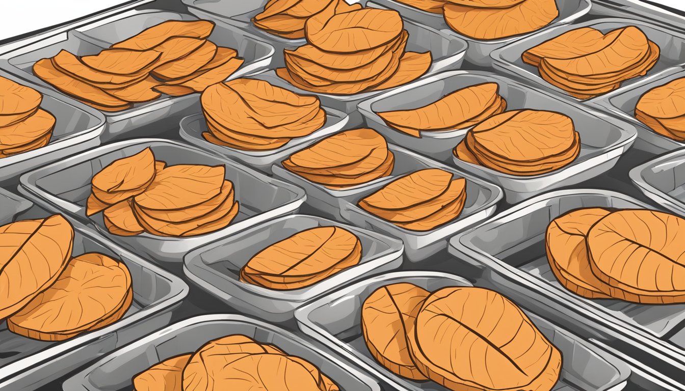 Sweet potato chips arranged on dehydrator trays, with slices evenly spaced and ready for drying