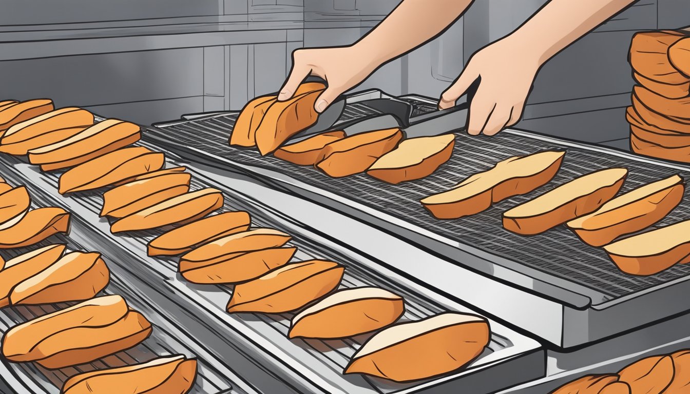 Sweet potato slices laid out on dehydrator trays, with a person slicing the potatoes in the background