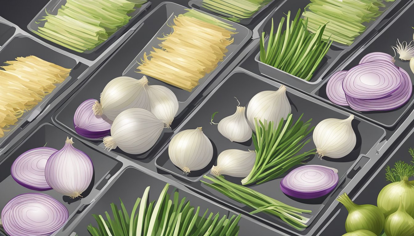 Fresh onions being sliced into thin, even pieces and arranged on dehydrator trays