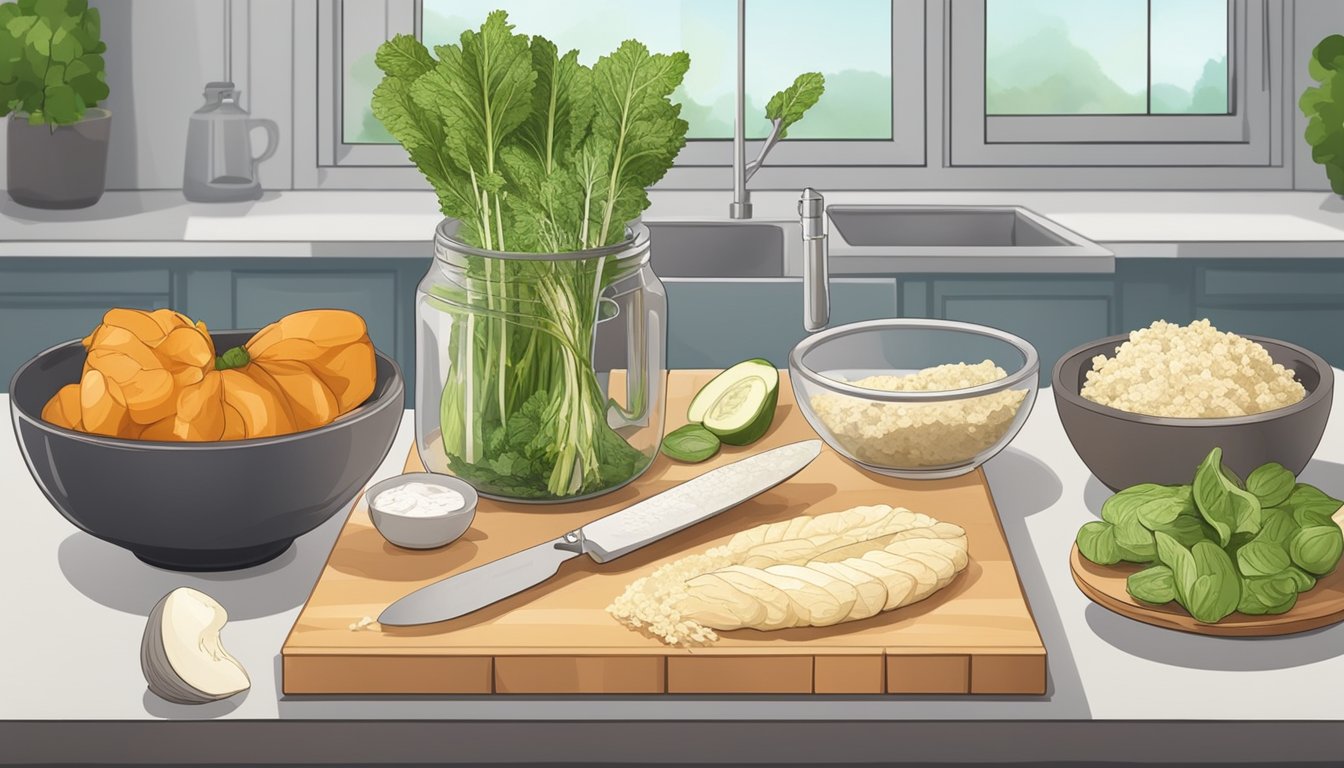 A kitchen counter with a dehydrator, horseradish roots, a knife, cutting board, and a bowl for preparing and dehydrating horseradjson