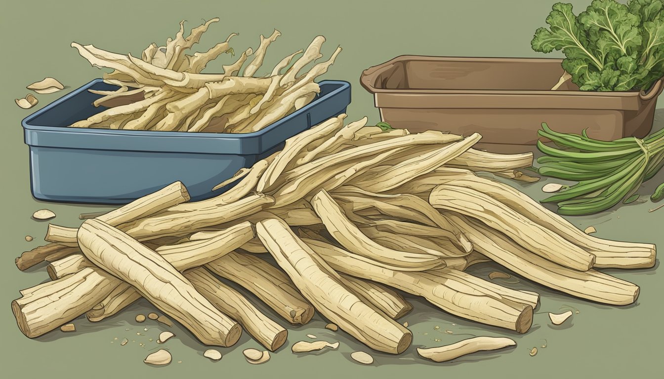 Fresh horseradish roots being peeled, sliced, and spread out on dehydrator trays