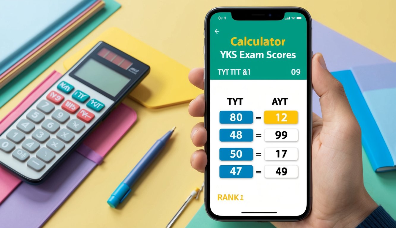 Bir akıllı telefon ekranındaki bir hesap makinesi uygulaması, TYT ve AYT puanlarının girildiği ve sıralandığı YKS sınav puanlarının hesaplandığını gösteriyor.