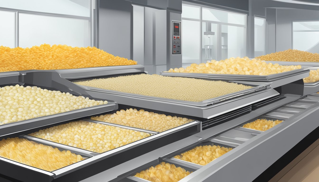 Sliced onions spread out on dehydrator trays, with the machine set to low heat