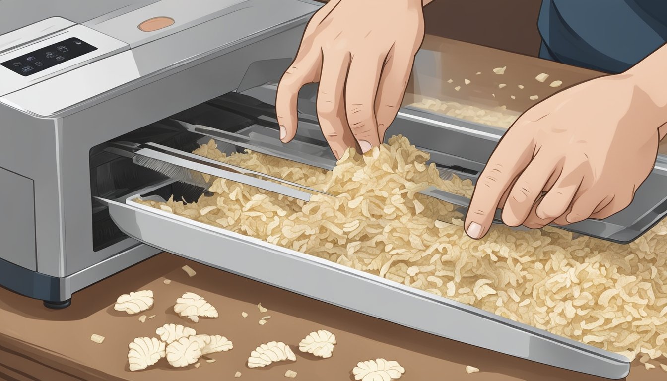 Fresh horseradish roots being sliced into thin pieces and spread out on a dehydrator tray, with the machine turned on