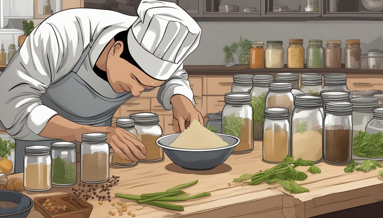 A chef grating fresh horseradish root into a bowl, surrounded by jars of vinegar, spices, and a dehydrator