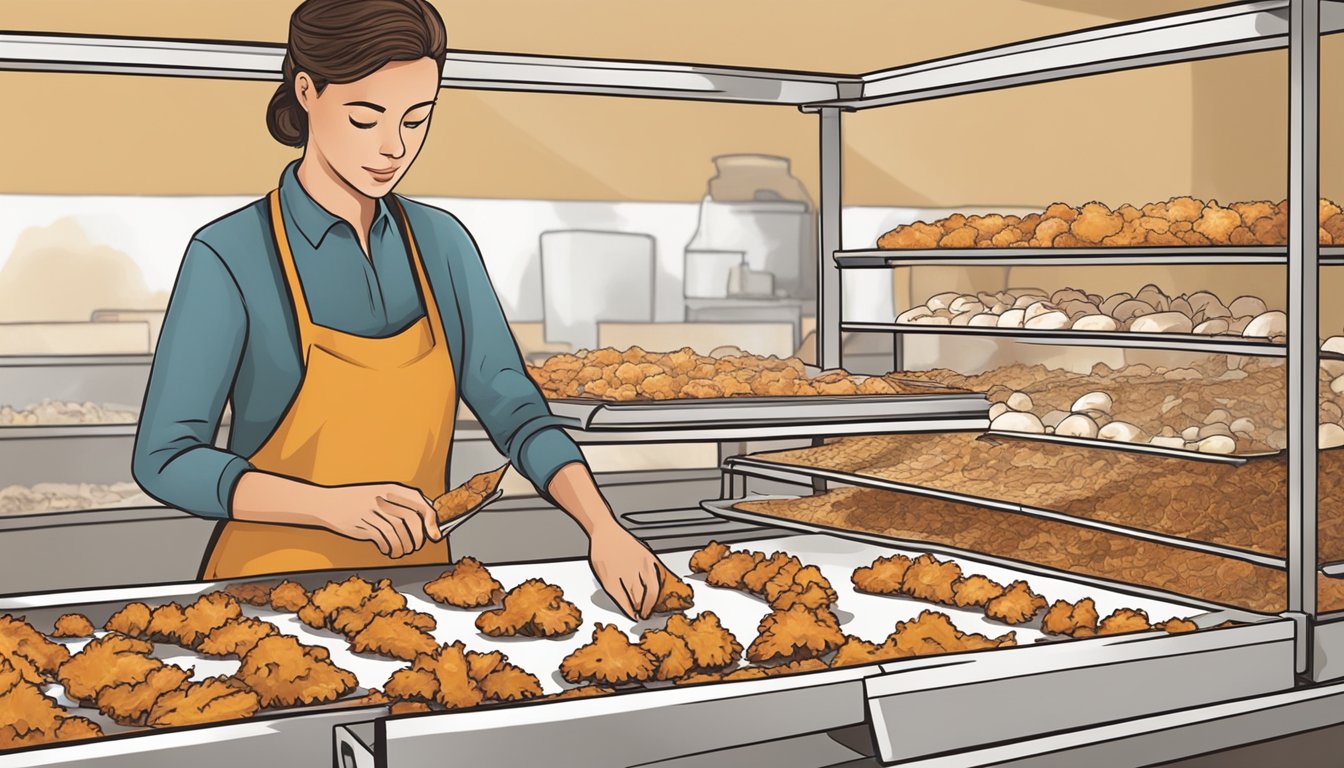 A person slicing and laying out chicken of the woods mushrooms on dehydrator trays