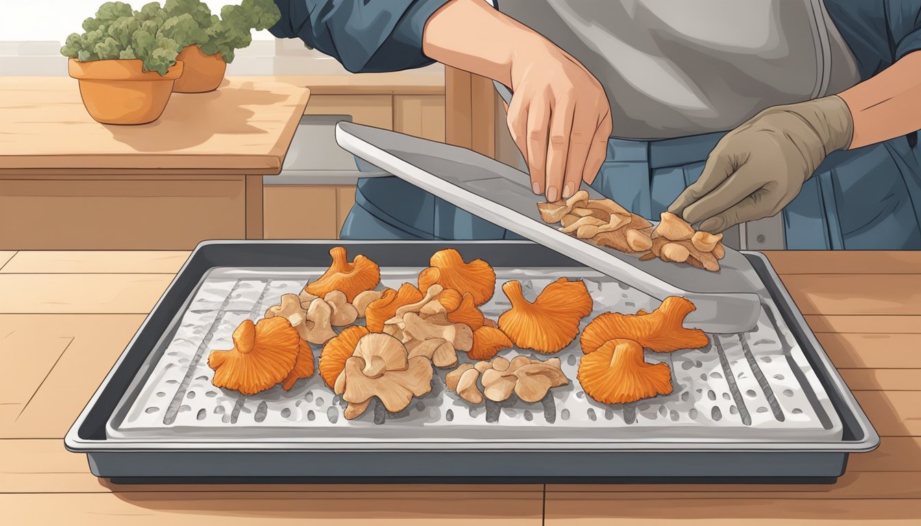 A person wearing gloves slices chicken of the woods mushrooms on a cutting board, then places them on a dehydrator tray