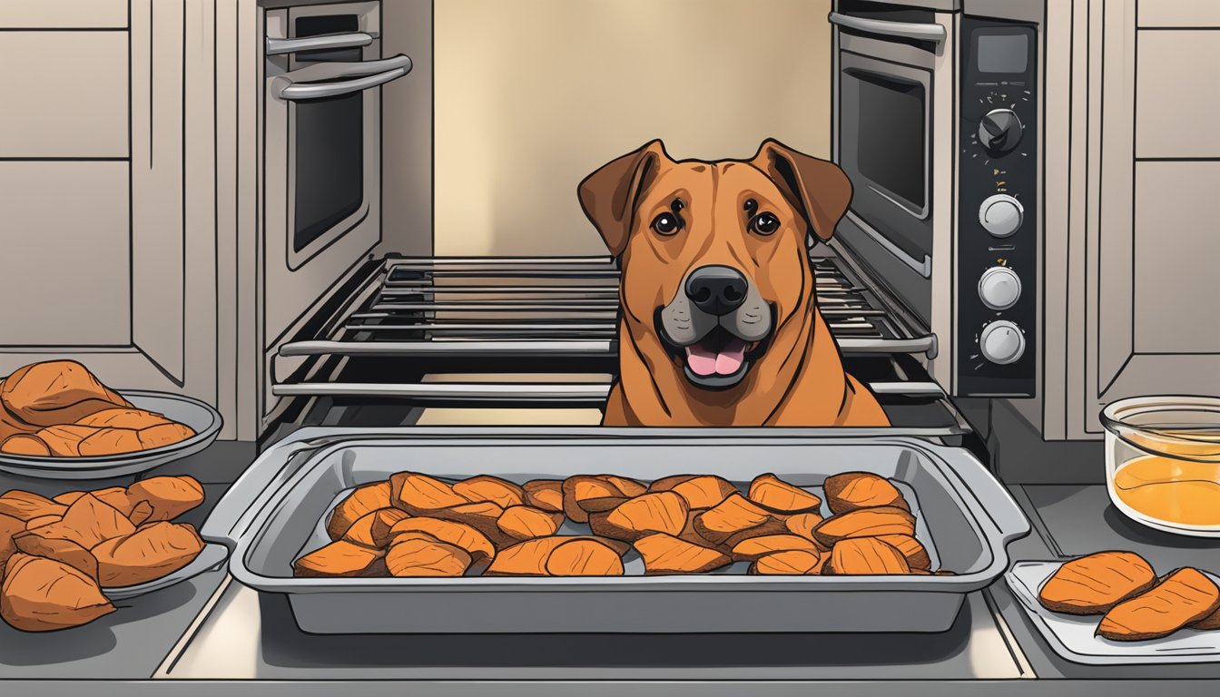 Sweet potatoes sliced on baking sheets in an open oven. A dog eagerly watches nearby