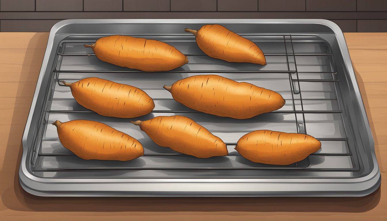 Sweet potatoes laid out on a baking sheet, oven door open, heat waves rising, timer set