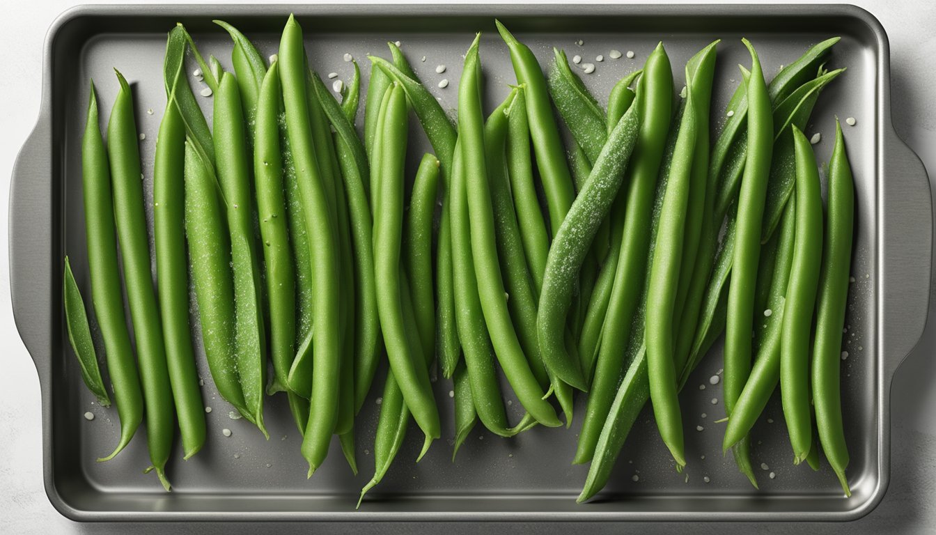 Fresh green beans arranged on a baking sheet, brushed with olive oil and sprinkled with salt, ready to be placed in the oven for dehydration