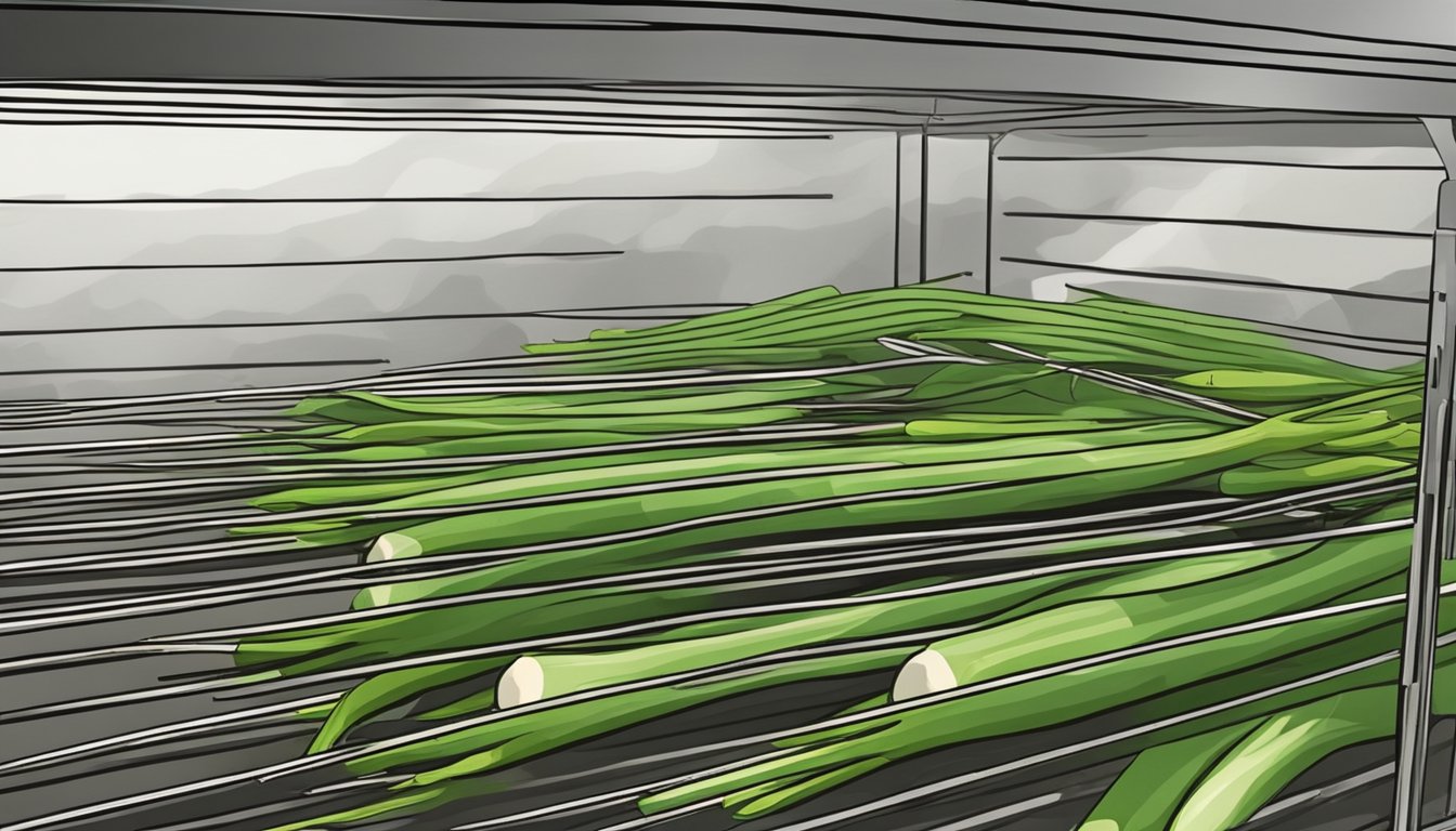 Fresh green onions arranged on a wire rack inside a preheated oven. Heat waves rising from the onions as they begin to dehydrate