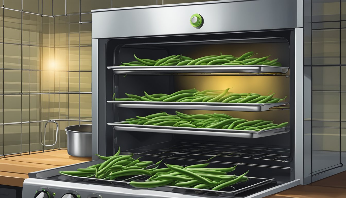 Fresh green beans arranged on a wire rack inside a hot oven, with the door slightly ajar and steam escaping