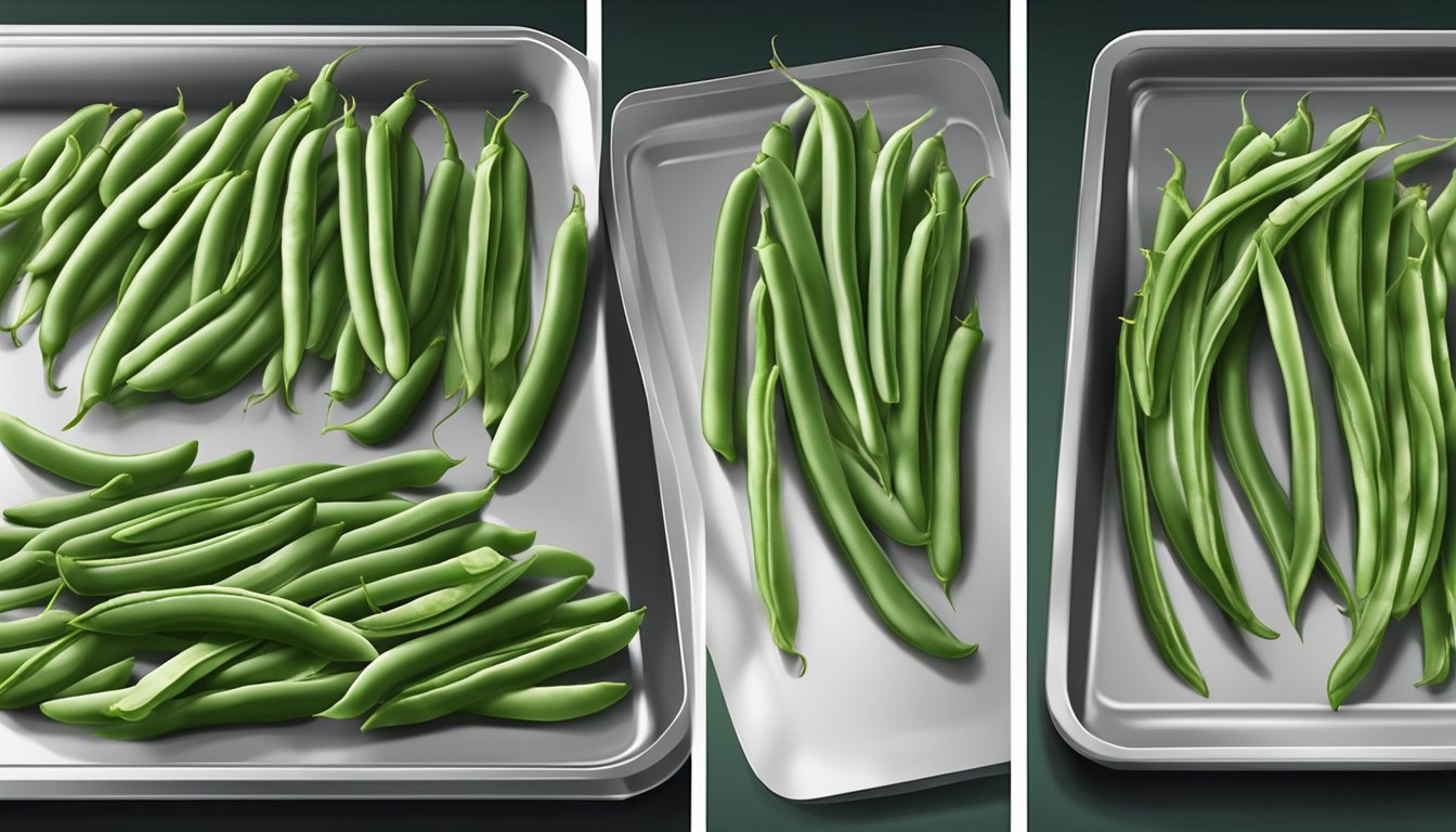 Fresh green beans laid out on a baking sheet, placed in the oven, and then removed when shriveled and dry