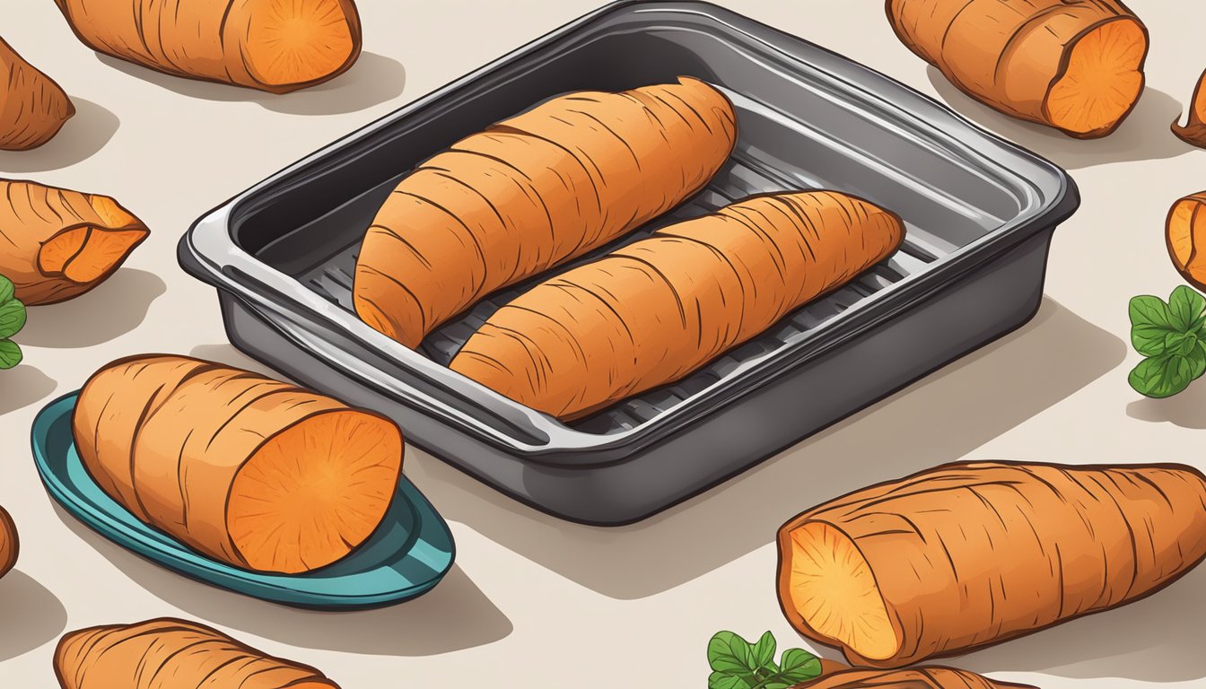 Sweet potatoes sliced on baking trays, oven door open, heat waves rising