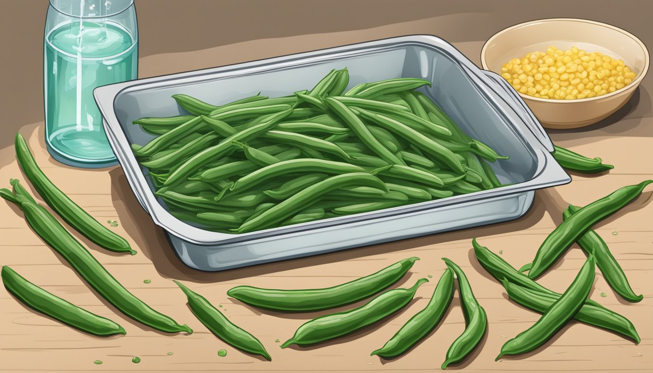 Green beans laid out on a baking sheet, placed in the oven, and then being removed and rehydrated in a bowl of water