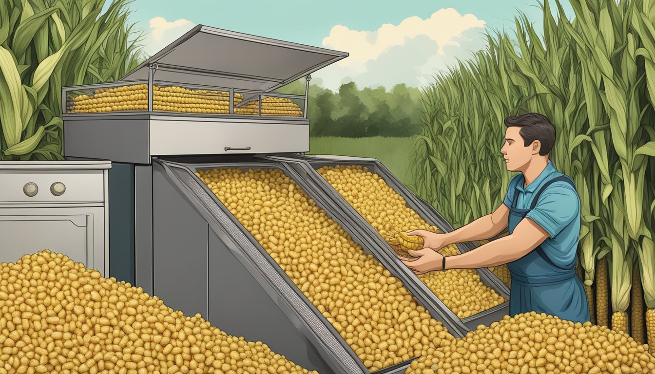 A hand reaching for an ear of sweet corn from a pile, with a dehydrator in the background