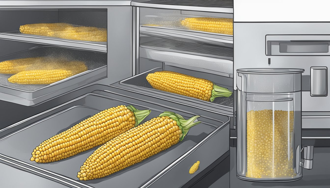 Sweet corn being soaked in water, then placed on a dehydrator tray. The dehydrator is turned on, and the corn slowly dries out