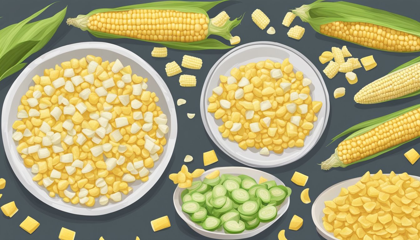 Fresh sweet corn being shucked and cut, then placed on dehydrator trays. Flour and other ingredients for snacks laid out on the counter