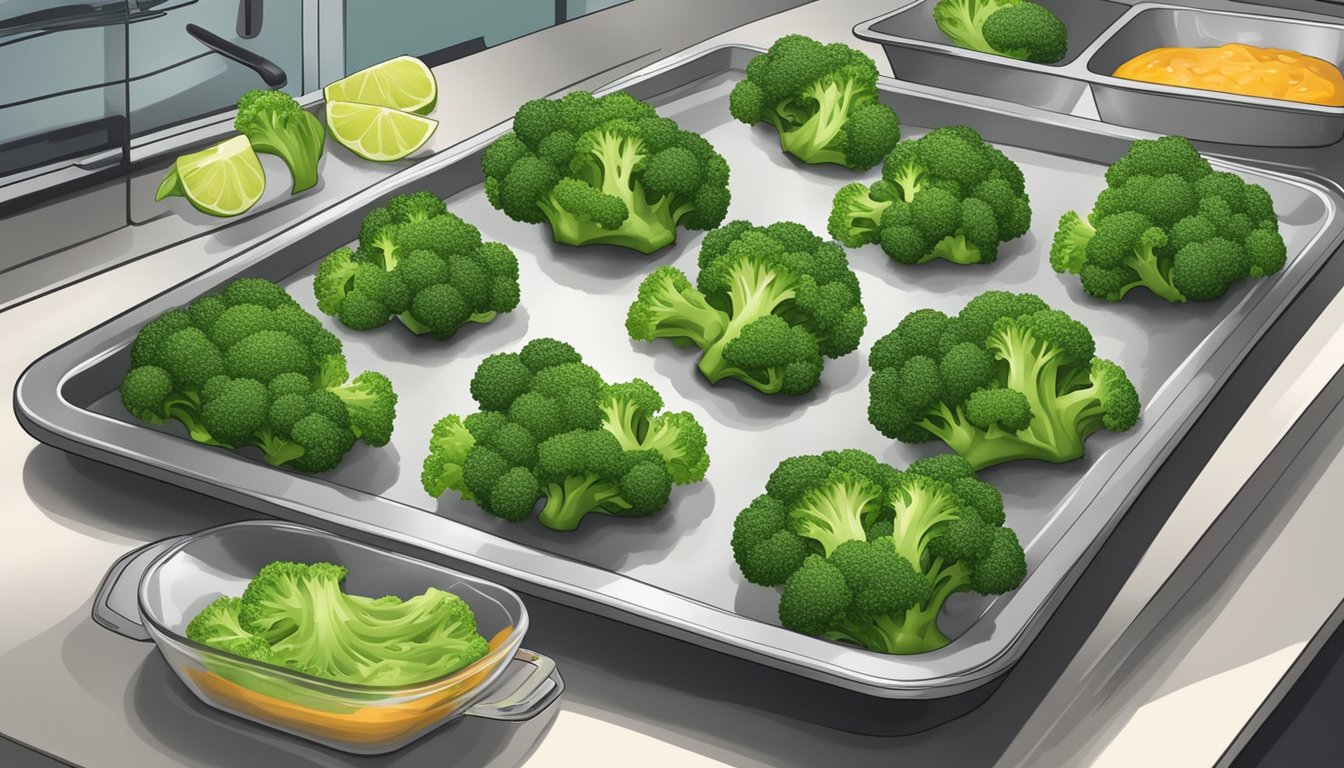 Fresh broccoli spread on baking sheet, oven door open, heat waves rising, timer set