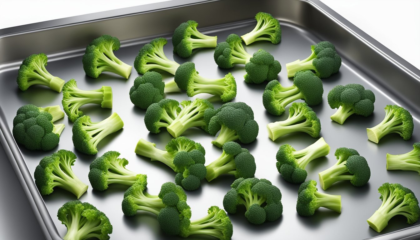 Fresh broccoli florets spread out on a baking sheet, placed in a preheated oven, with the oven door slightly ajar to allow moisture to escape