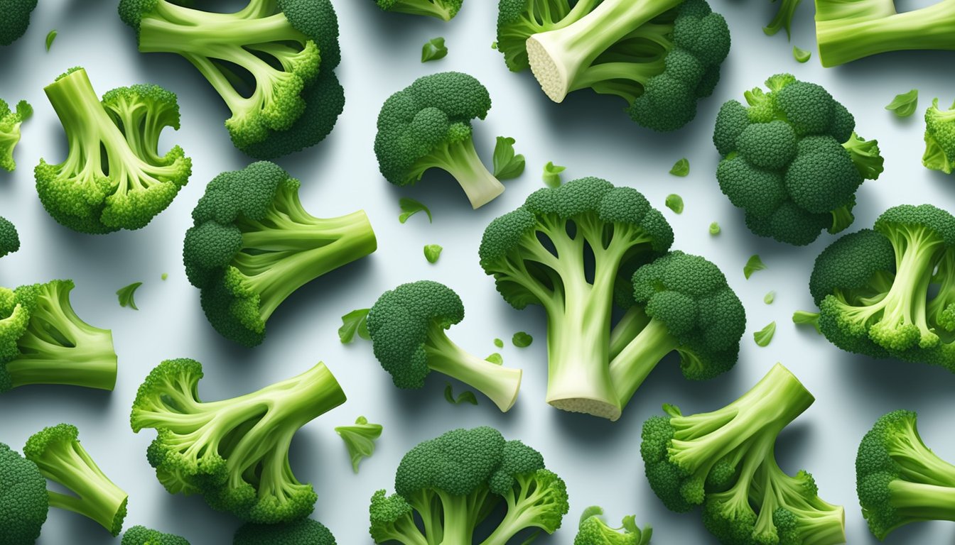 Fresh broccoli florets spread on a baking sheet, oven set to low temperature, steam rising as moisture evaporates